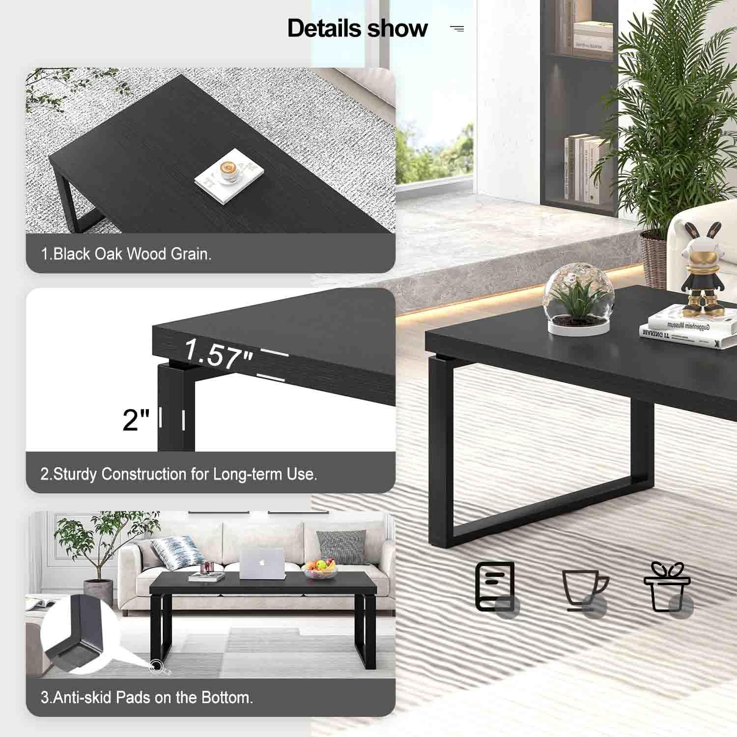 EXCEFUR Black Coffee Table, Modern Rustic Center Table for Living Room, Industrial Rectangle Cocktail Tea Table for Home Office, 47 Inch