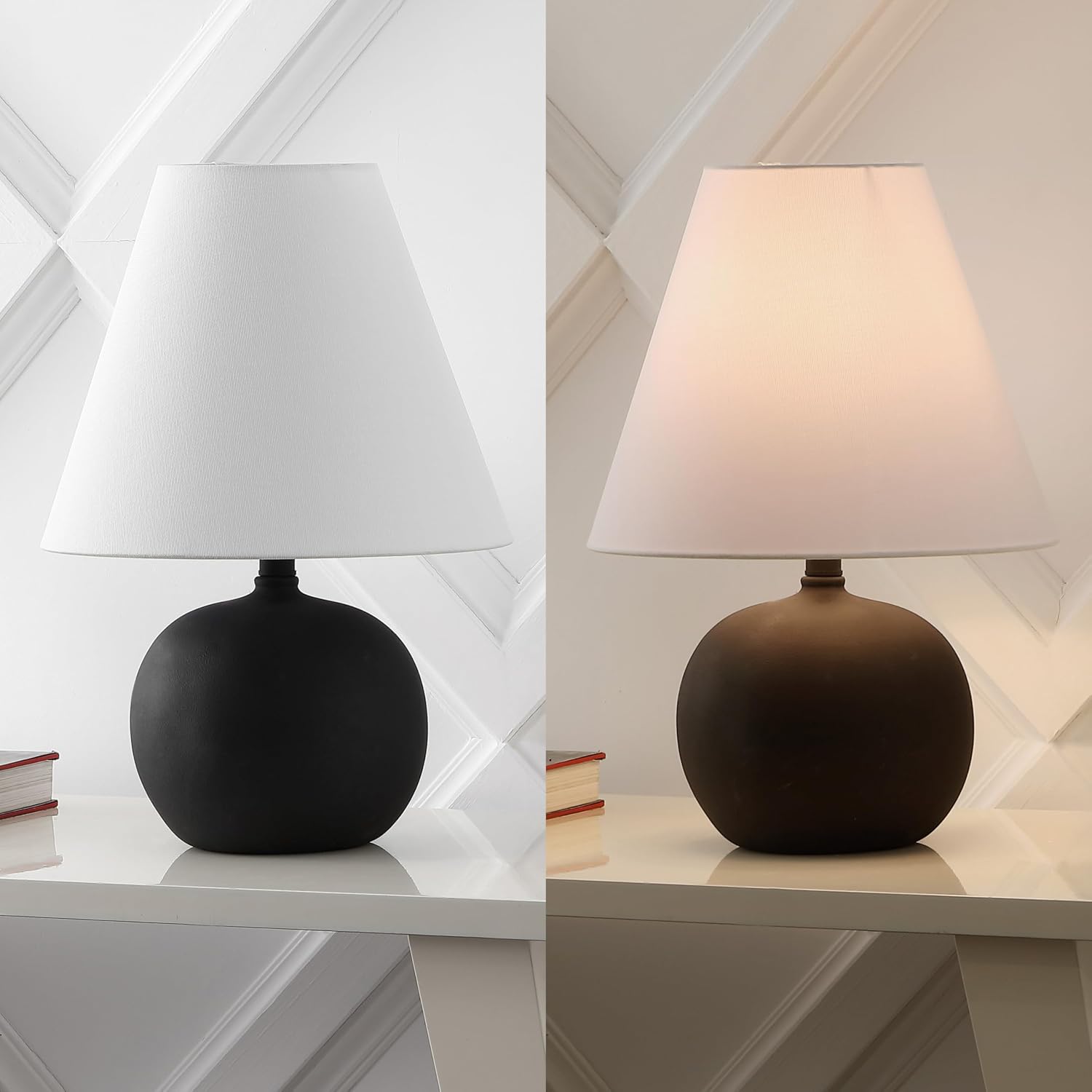 JONATHAN Y 18.25' Matte Black Modern Gourd LED Table Lamp Set of 2 for Bedroom, Scandinavian Resin Nightstand Lamps for Living Room, White Linen Shade JYL5602A-SET2