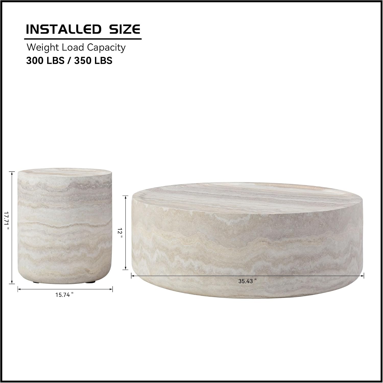 Marble Travertine Round Drum Coffee Table Set of 2 for Living Room Set for Living Room, Modern Center Side End Table for Small Space Apartment, Office, No Assembly, Falux Marble Mars