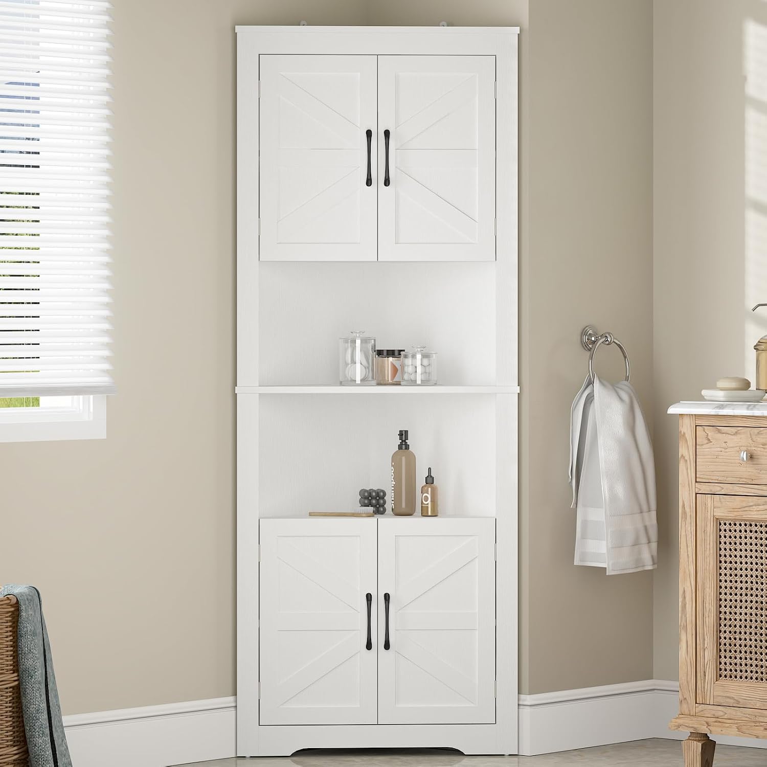 JOZZBY Corner Storage Cabinet, Farmhouse Corner Cabinet with Barn Doors & Adjustable Shelves, Corner Hutch Shelf Home Space Saver for Kitchen, Living Room, Hallway, White