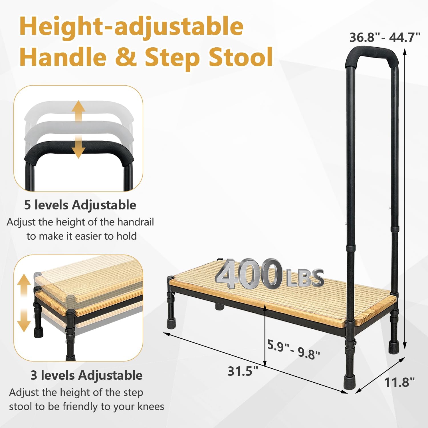 Bed Step Stool with Adjustable Handle for Elderly, Medical Step Stool for Bedside for Adults, 31.5' Long Safety Step Platform, Bed Stool for High Beds, Heavy Duty SUV Stepping Stool with Anti-Slip Mat