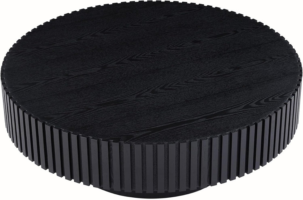 JUSTONE 39.4' Black Round Coffee Table for Living Room - Modern Farmhouse Walnut Drum Center Table with Artisanal Carved Detailing, No Assembly(39.4' Diameter x 13.4' Height)