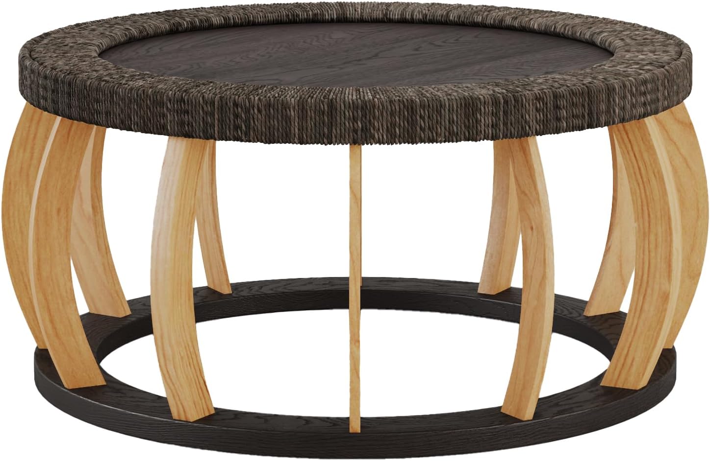 JIJIWANG 35.43' Rattan Round Coffee Table with Solid Wood Top, Vintage Accent Table with Curved Legs, Boho Side Tables for Dining Room, Kitchen, Living Room, Black Brown