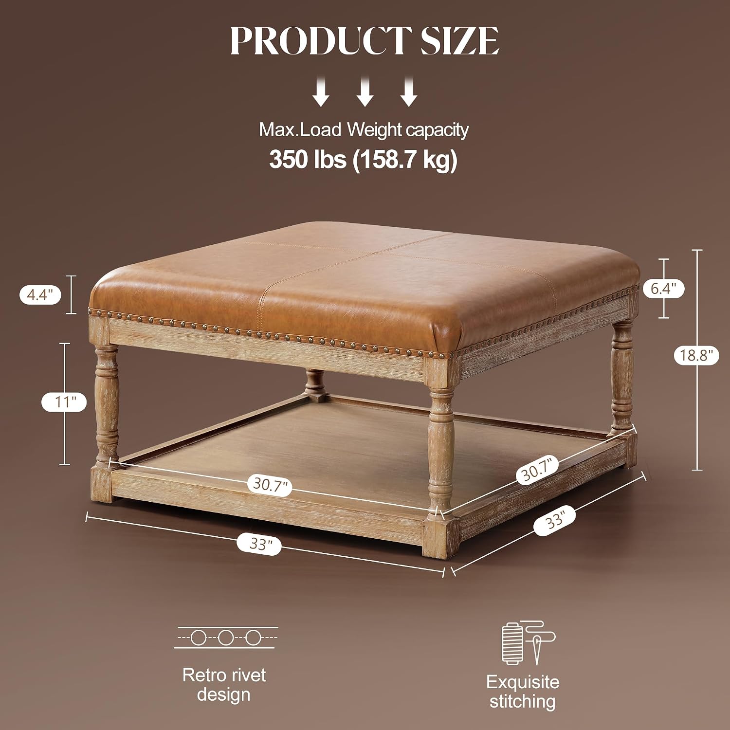 HUIMO 33-Inch Leather Ottoman Coffee Table, Square Ottoman with Shelf & Solid Wood Frame for Living Room (Brown)