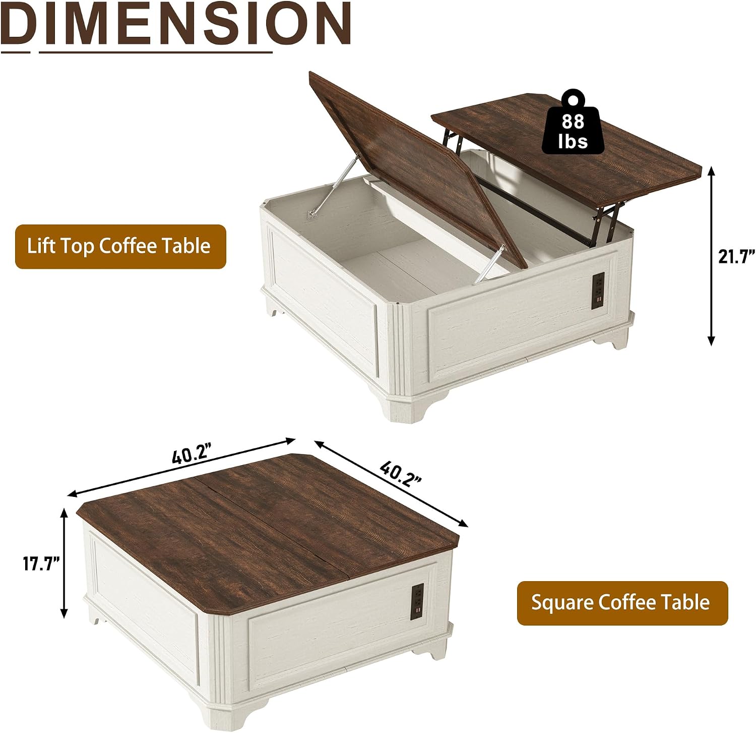 St.Mandyu 40 Inch Farmhouse Lift Top Coffee Table with Charging Station & Hidden Storage - Square Center Table with Lifting Top, Large Storage Cabinet for Living Room, Bedroom, Home Office, White