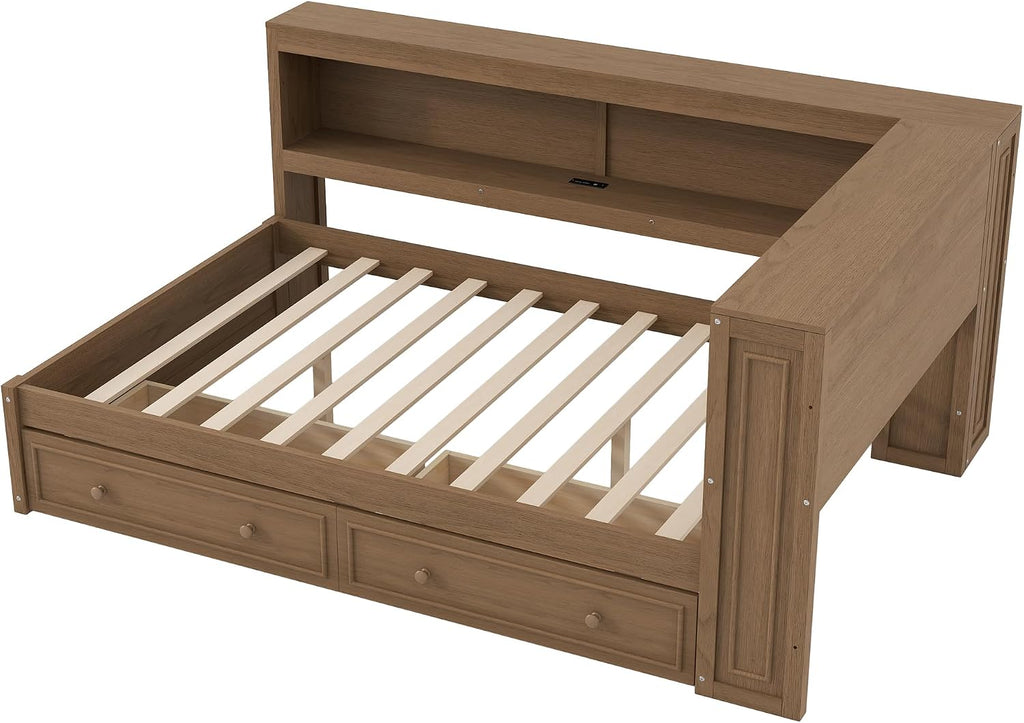 MERITLINE Full Size DayBed with 2 Storage Drawers and Shelves, Full Wood Corner Bed Frame with Headboard, USB Charging Ports and LED Lights for Living Room, Antique Wood