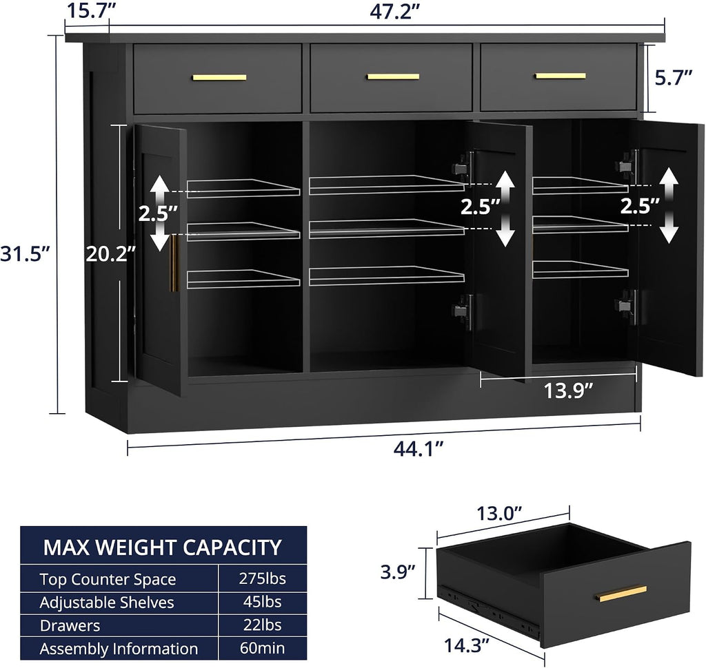 Buffet Cabinet with Storage - Buffets & Sideboards Kitchen Storage Cabinet, Wood Console Table Coffee Bar Accent Cabinets for Living Room Dining Room Entryway Large 3 Doors & Drawers, Black 47.2'W