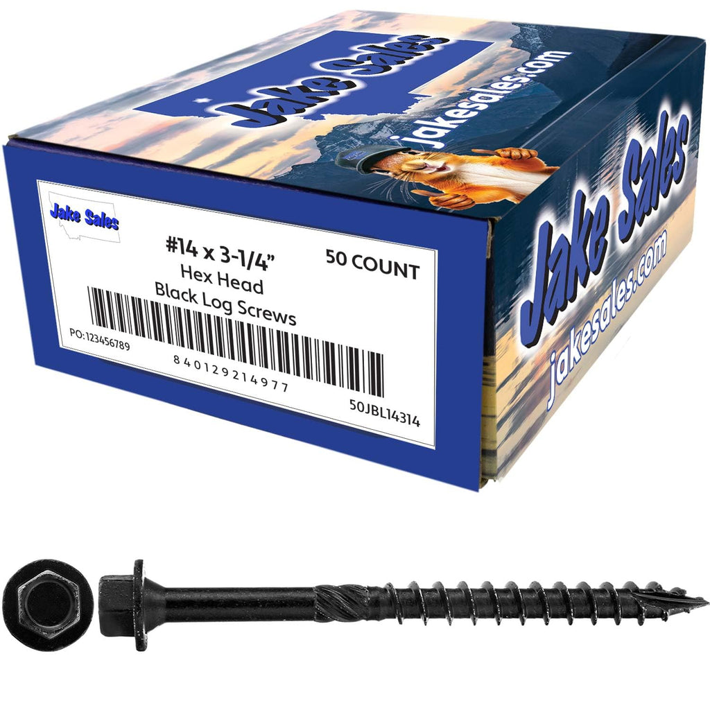 Jake Sales #14 X 3-1/4' Heavy Duty Black Timber/Log/Landscaping Wood Screws - Exterior Coated Heavy Duty Screws. 10 x 50 Count Boxes - 500 Screws