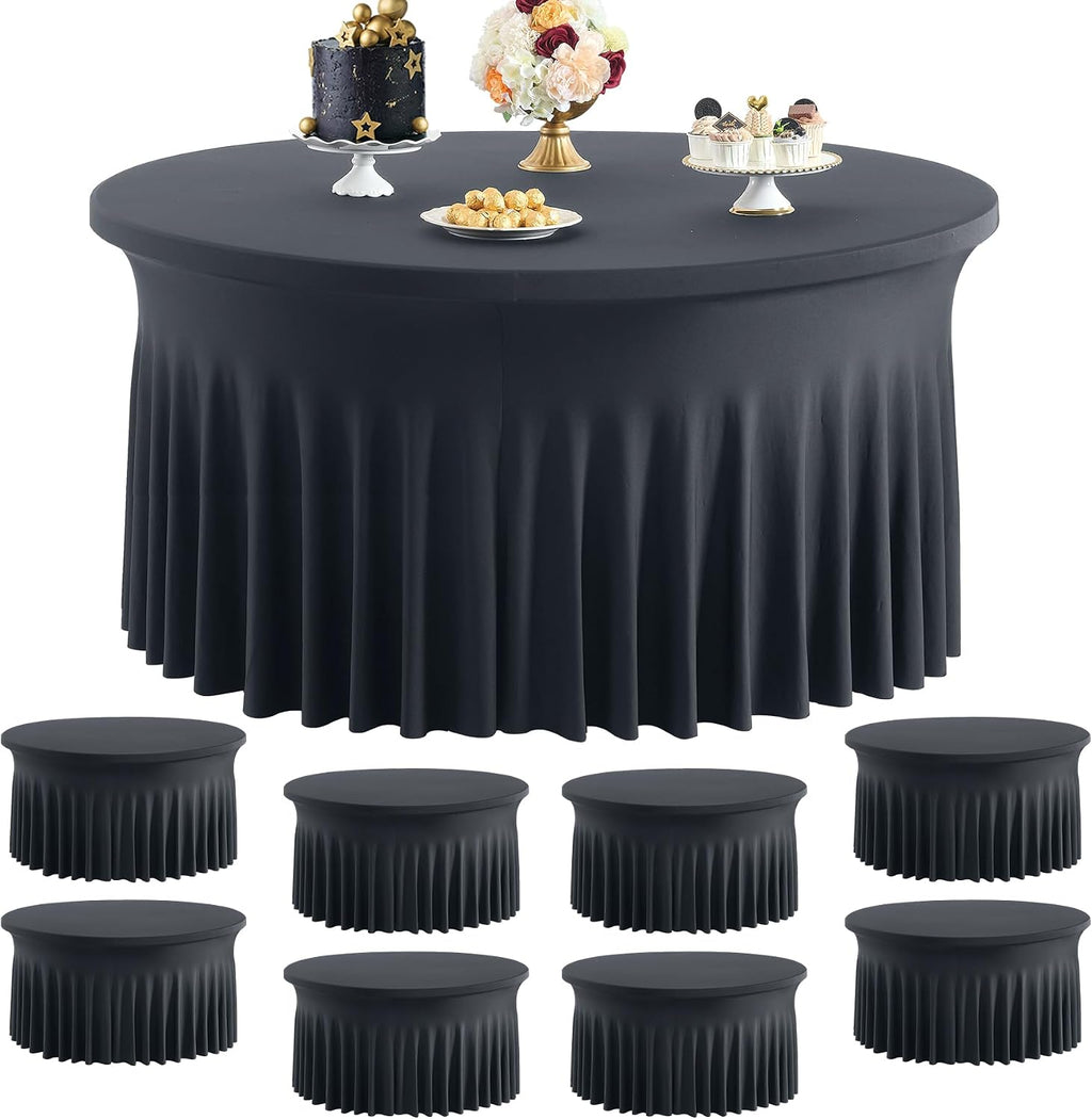 8 pk Black Spandex Round Tablecloths 60 inch with Ruffled Skirt, Wrinkle Free High-Stretch 120 inch Table Cloth Fitted 5ft Round Elastic Spandex Table Covers for Party Graduation Banquet Dinning
