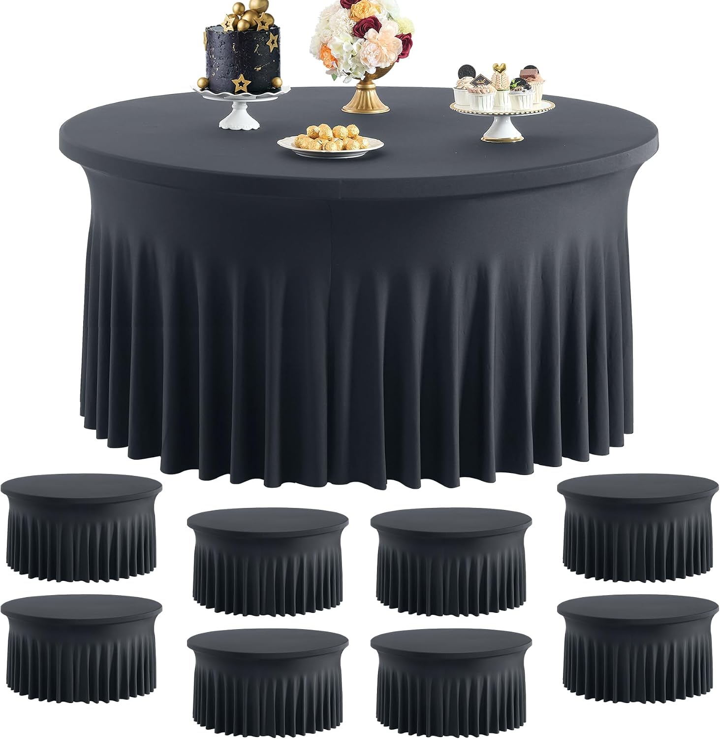 8 pk Black Spandex Round Tablecloths 60 inch with Ruffled Skirt, Wrinkle Free High-Stretch 120 inch Table Cloth Fitted 5ft Round Elastic Spandex Table Covers for Party Graduation Banquet Dinning