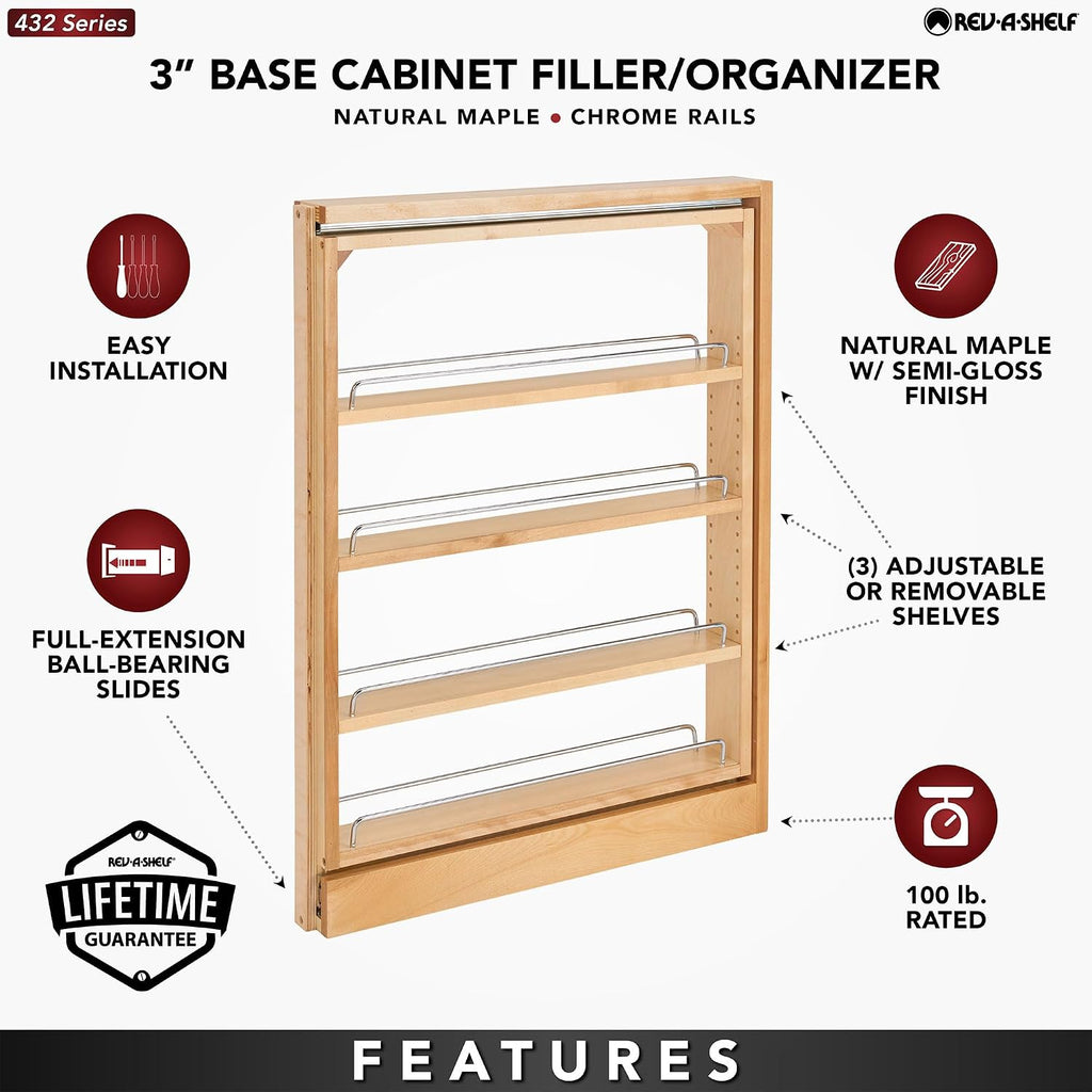 Rev-A-Shelf Pullout Shelf Organizer for Base Kitchen or Bathroom Cabinets, Wood Filler Pantry Storage or Spice Rack, Maple, 3' x 23' x 30', 432-BF-3C