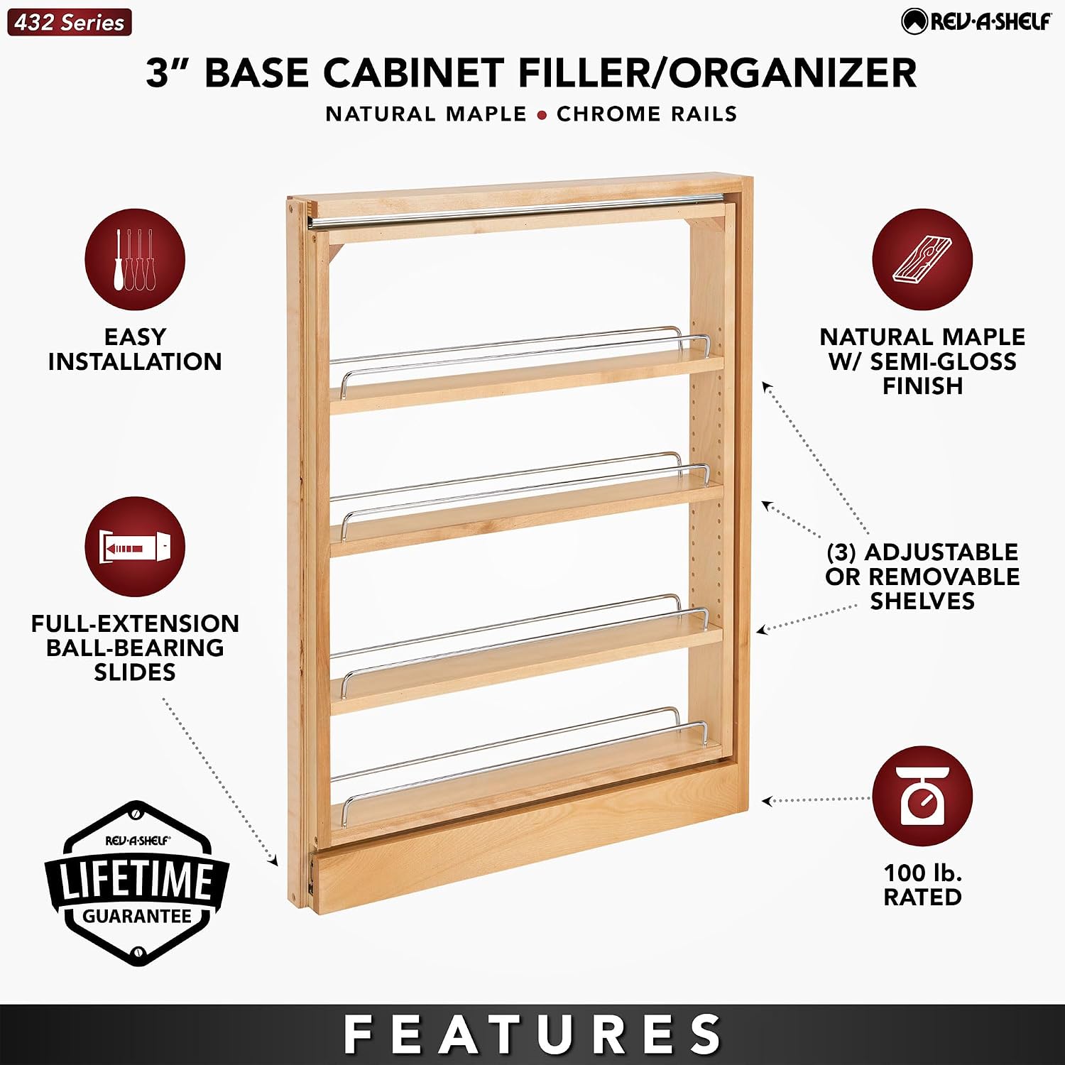 Rev-A-Shelf Pullout Shelf Organizer for Base Kitchen or Bathroom Cabinets, Wood Filler Pantry Storage or Spice Rack, Maple, 3' x 23' x 30', 432-BF-3C