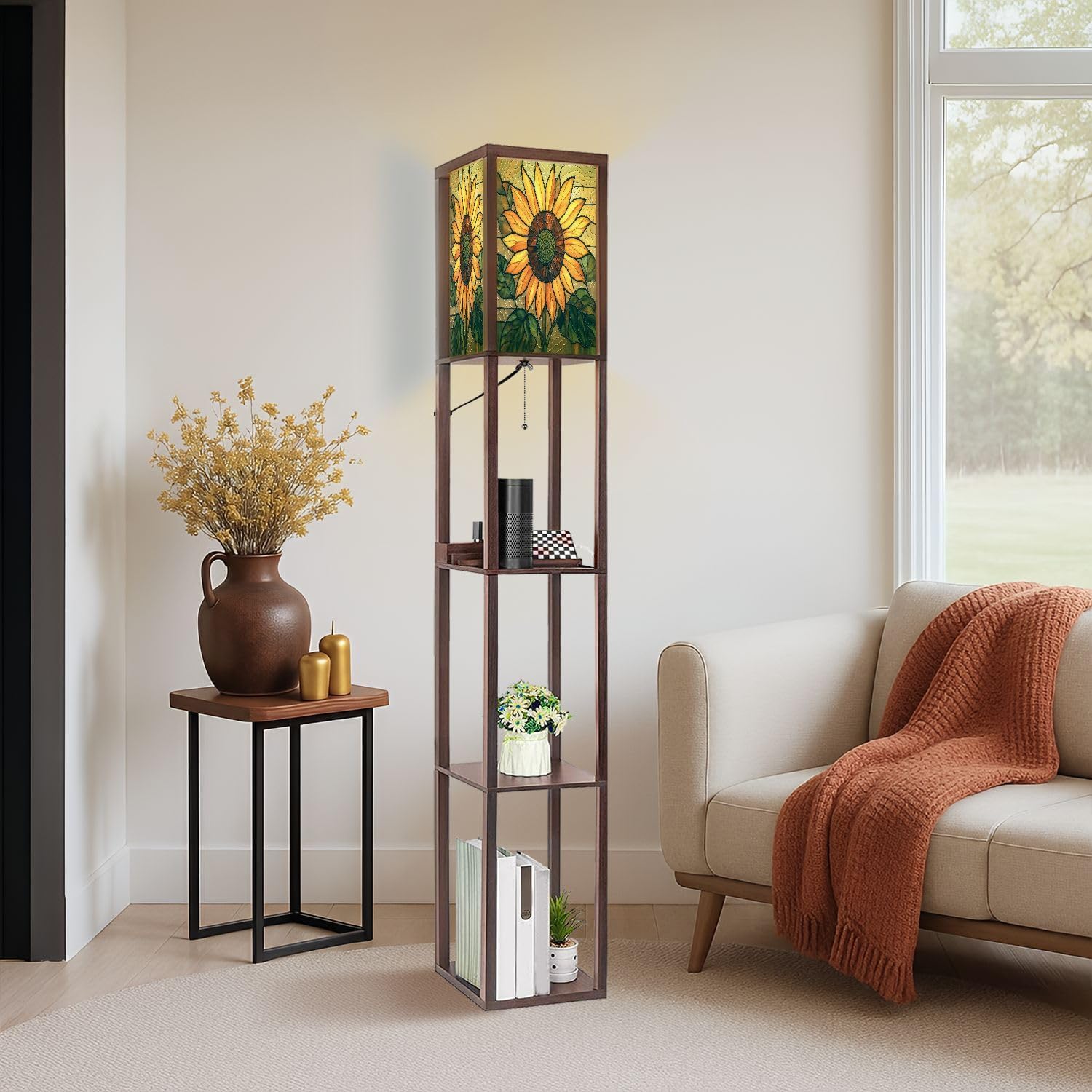 Floor Lamp with Shelves Sunflower Stained Glass Decoration Vibrant Window Art Standing Tall Lamp USB Ports & Power Outlet Modern Corner Lamp Nightstand Light for Living Room Bedroom