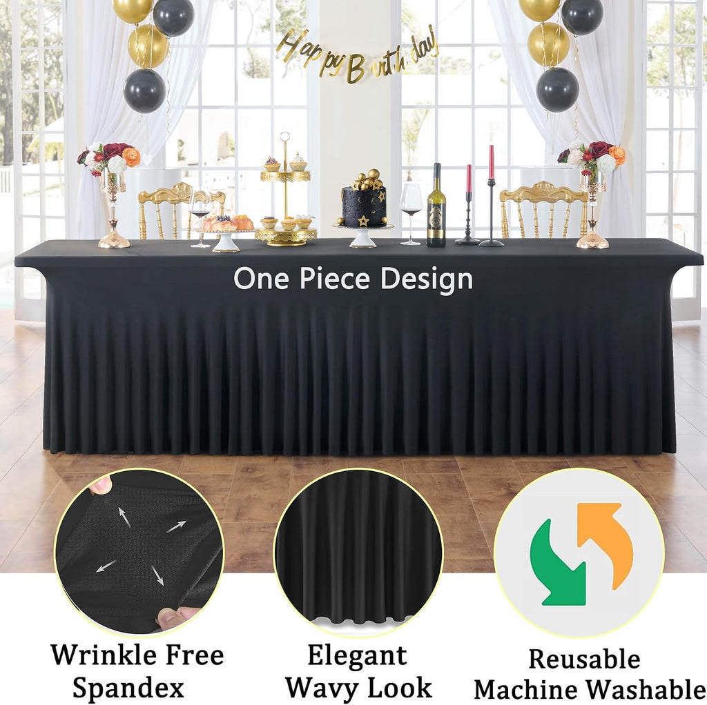 8 Pack Spandex Black Table Clothes for 8 Foot Rectangle Tables, Wrinkle Free Stretch Table Cloths 8FT, Fitted Table Cover Desk Skirt for Parties Weddings Birthday Banquet Events