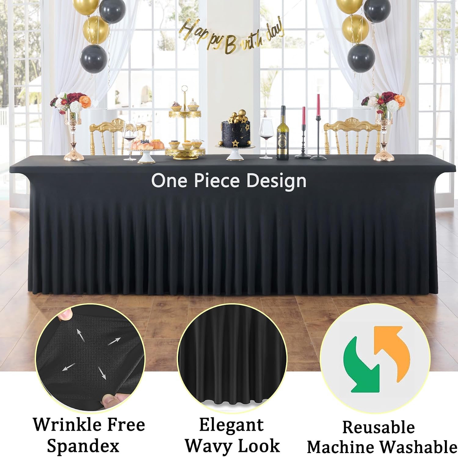 8 Pack Spandex Black Table Clothes for 8 Foot Rectangle Tables, Wrinkle Free Stretch Table Cloths 8FT, Fitted Table Cover Desk Skirt for Parties Weddings Birthday Banquet Events
