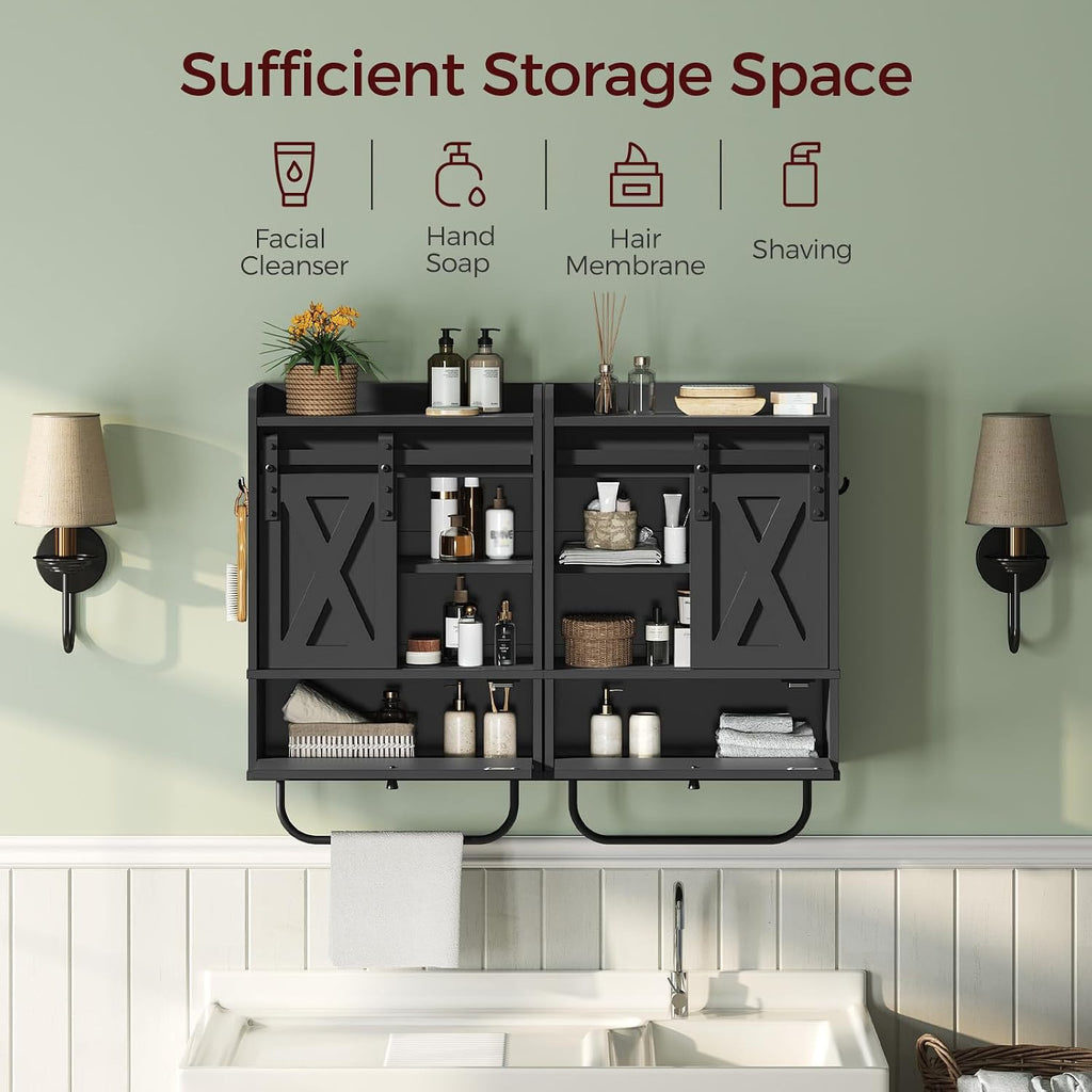 MAHANCRIS Bathroom Wall Cabinet with Mirror and Farmhouse Medicine Cabinets with Sliding Door Bundle, Wall Mounted Storage Cabinet with Adjustable Shelf and Towel Bar for Bathroom Black, WC2201-WC3601