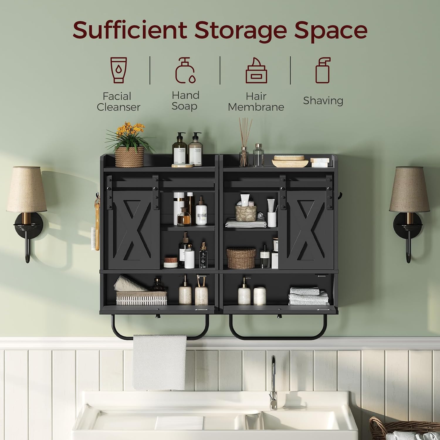 MAHANCRIS Bathroom Wall Cabinet with Mirror and Farmhouse Medicine Cabinets with Sliding Door Bundle, Wall Mounted Storage Cabinet with Adjustable Shelf and Towel Bar for Bathroom Black, WC2201-WC3601