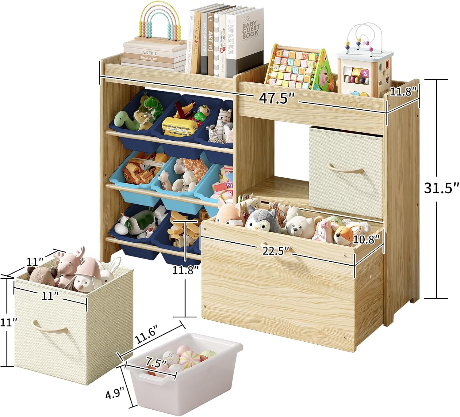 EXPERLAM Toy Storage Organizer for Kids, 9-Bin Toy Organizer with 2-Drawers,Movable Toy Chest and Top Rack, Kids Bookshelf and Toy Storage for Playroom, Bedroom, Nursery, Blue
