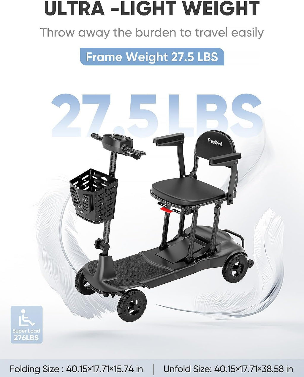 Mobility Scooters for Adults & Seniors - Ultra Lightweight 27.5 lbs Carbon Fiber Folding Electric Scooter - Airlines Approved All-Terrain Portable Scooter with Basket and Charger Included-Carbon Black
