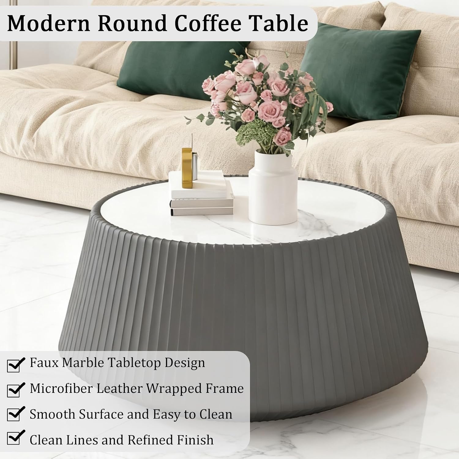 Round Coffee Table Set with Sintered Stone Tabletop, 26.77' Grey Drum Center Table and 19.68' Black Coffee Table Set, 2 Pieces Living Room Table Set with Fluted PU Leather Cover& Stable Base