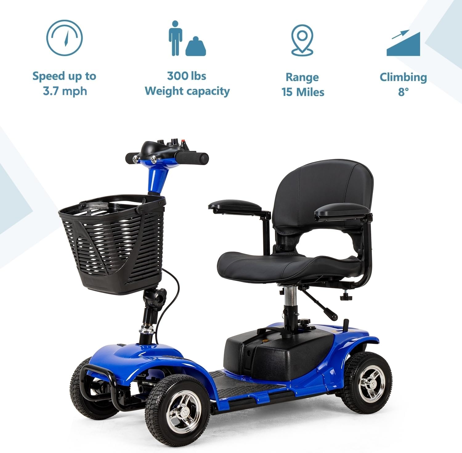 Cebihy 4 Wheel Mobility Scooter, Electric Power Mobile Scooters for Seniors Adult with Lights Collapsible and Compact Duty Travel Scooter w/Basket and Extended Battery (Blue)