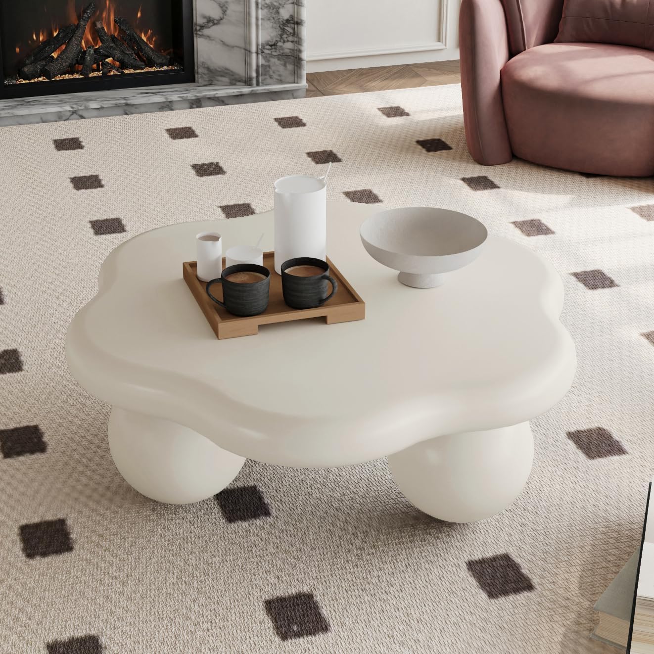 35.03' Cloud Coffee Table for Living Room Unique Coffee Table Modern Low Coffee Tables Cute Center Table with 3 Ball Legs for Small Space Apartment Cream Flower-White