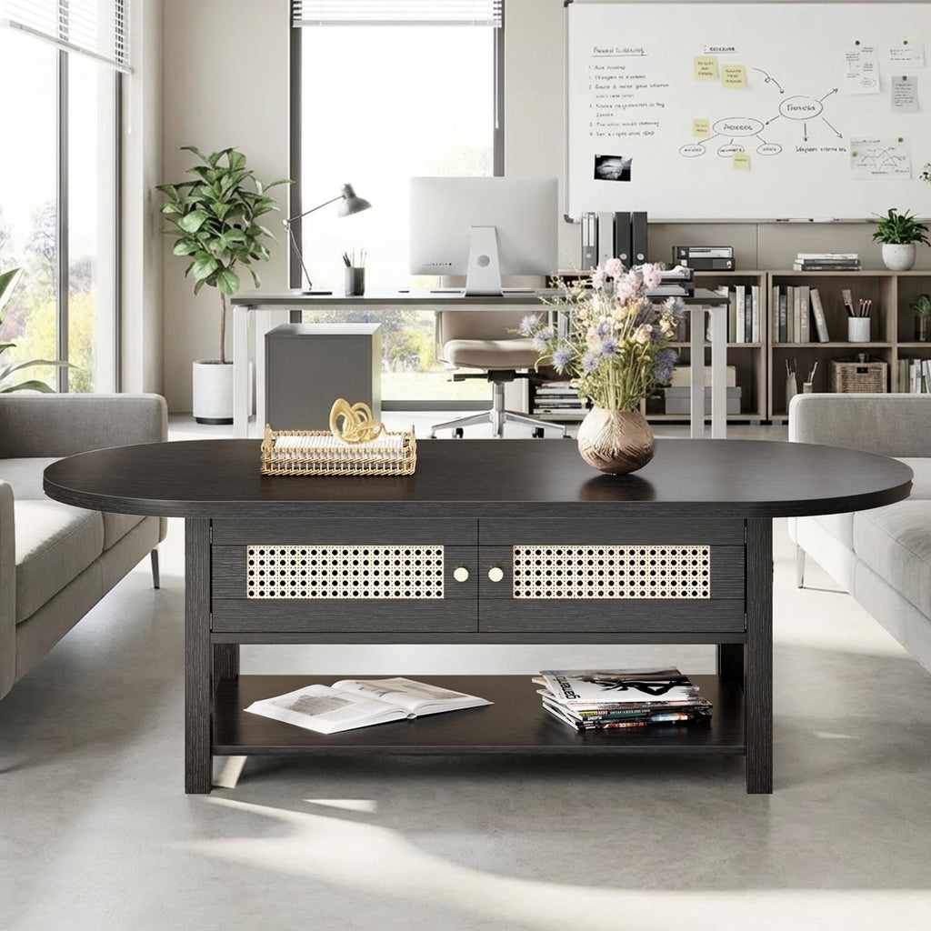 LVB Rattan Coffee Table, Boho Wood Living Room Table with Storage, Oval Modern 2-Tier Cocktail Tea Table with Doors & Open Shelf, Farmhouse Vintage Center Tables for Bedroom Office, Black Oak, 47In