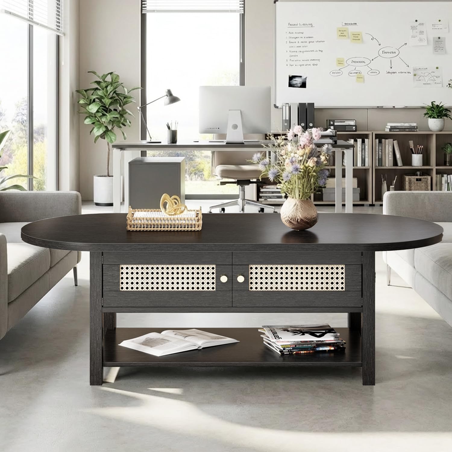LVB Rattan Coffee Table, Boho Wood Living Room Table with Storage, Oval Modern 2-Tier Cocktail Tea Table with Doors & Open Shelf, Farmhouse Vintage Center Tables for Bedroom Office, Black Oak, 47In