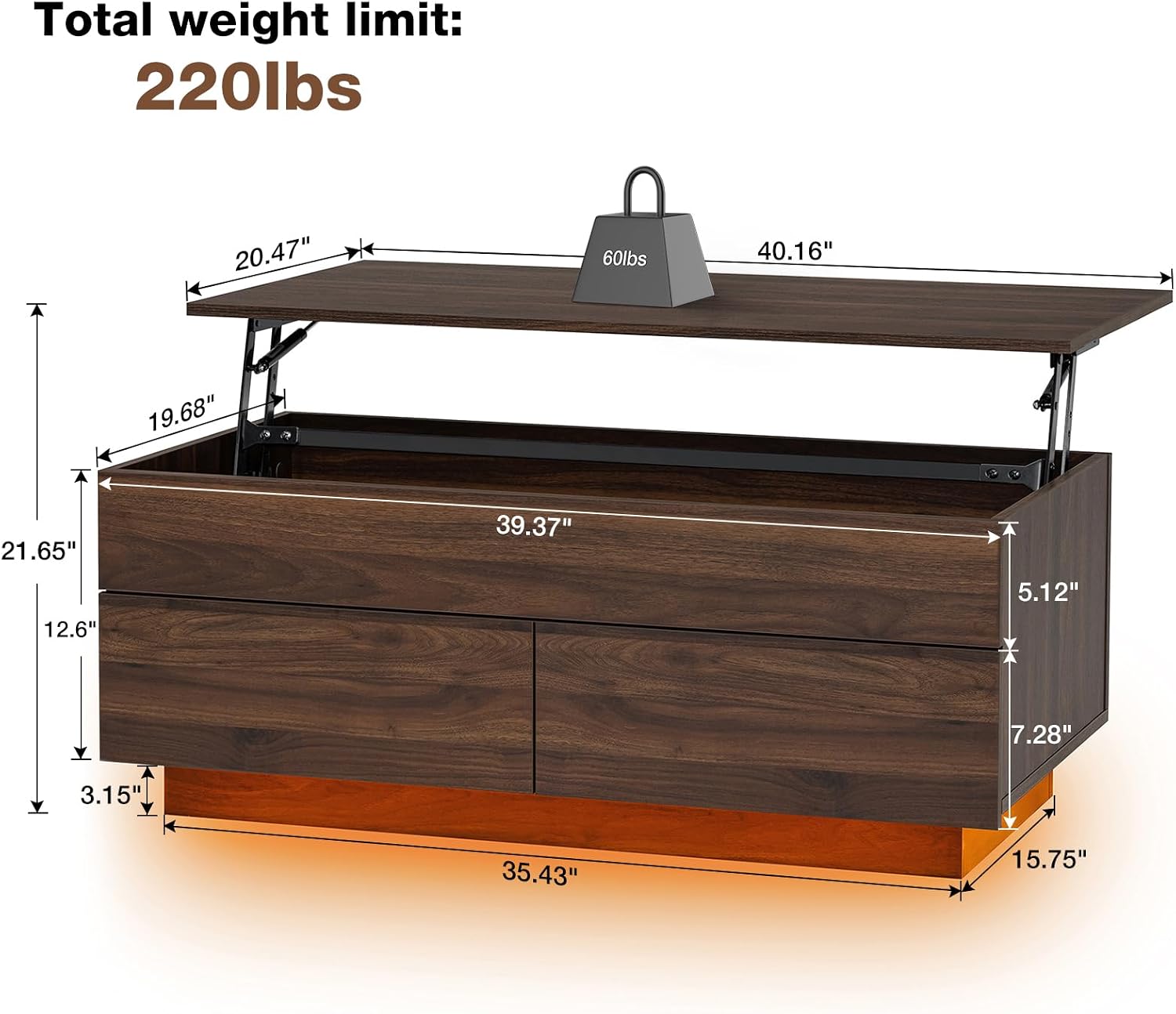 HOMMPA 40'' Lift Top Coffee Table for Living Room, Walnut Coffee Tables with Storage, LED Modern Coffee Table Rectangular Wooden Gloss, Flip Top Center Table with 2 Drawers and Hidden Compartment
