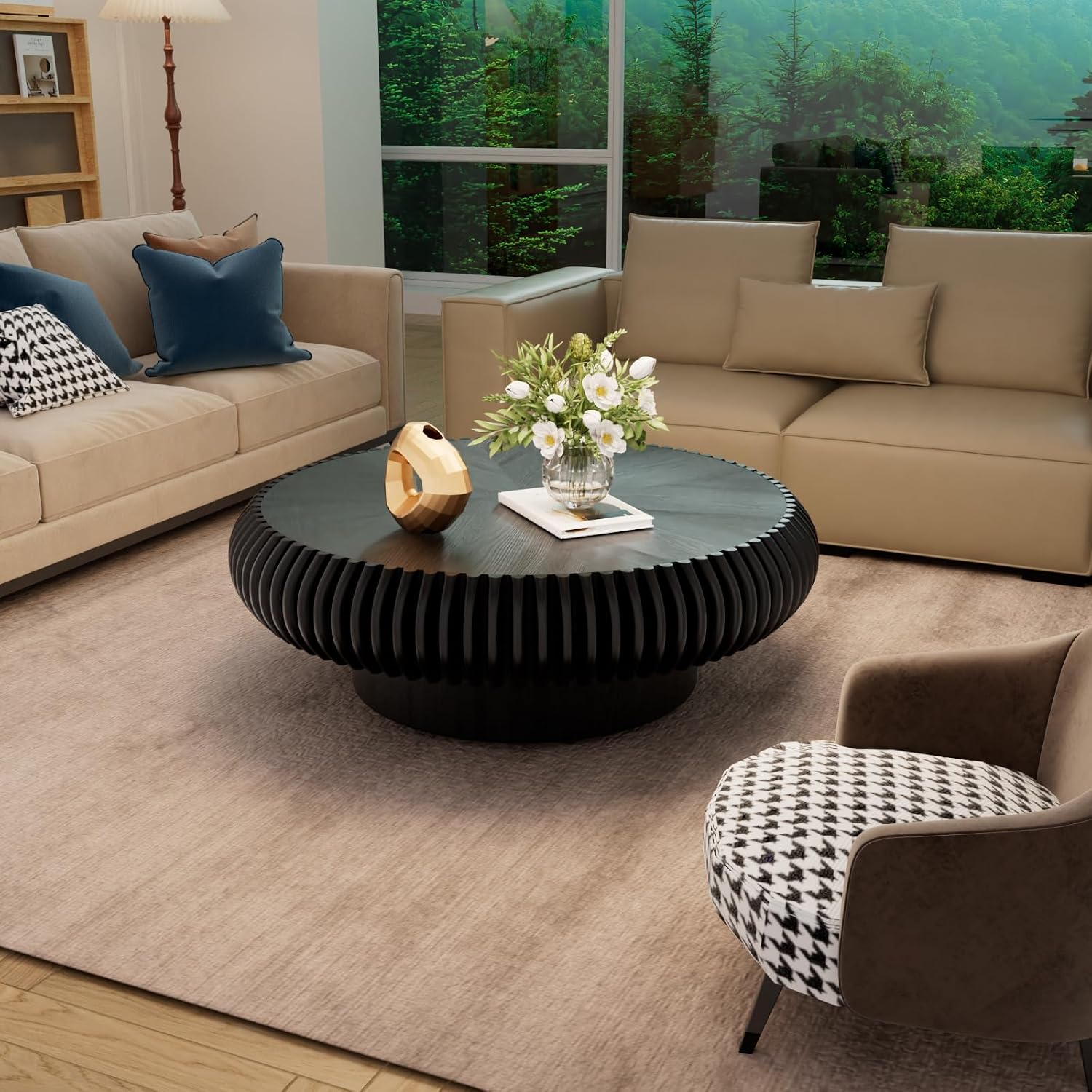 Round Coffee Table for Living Room Modern Black Fluted Coffee Table 39.3 inch Low Round Drum Coffee Tables for Living Room (Black, 39.3')