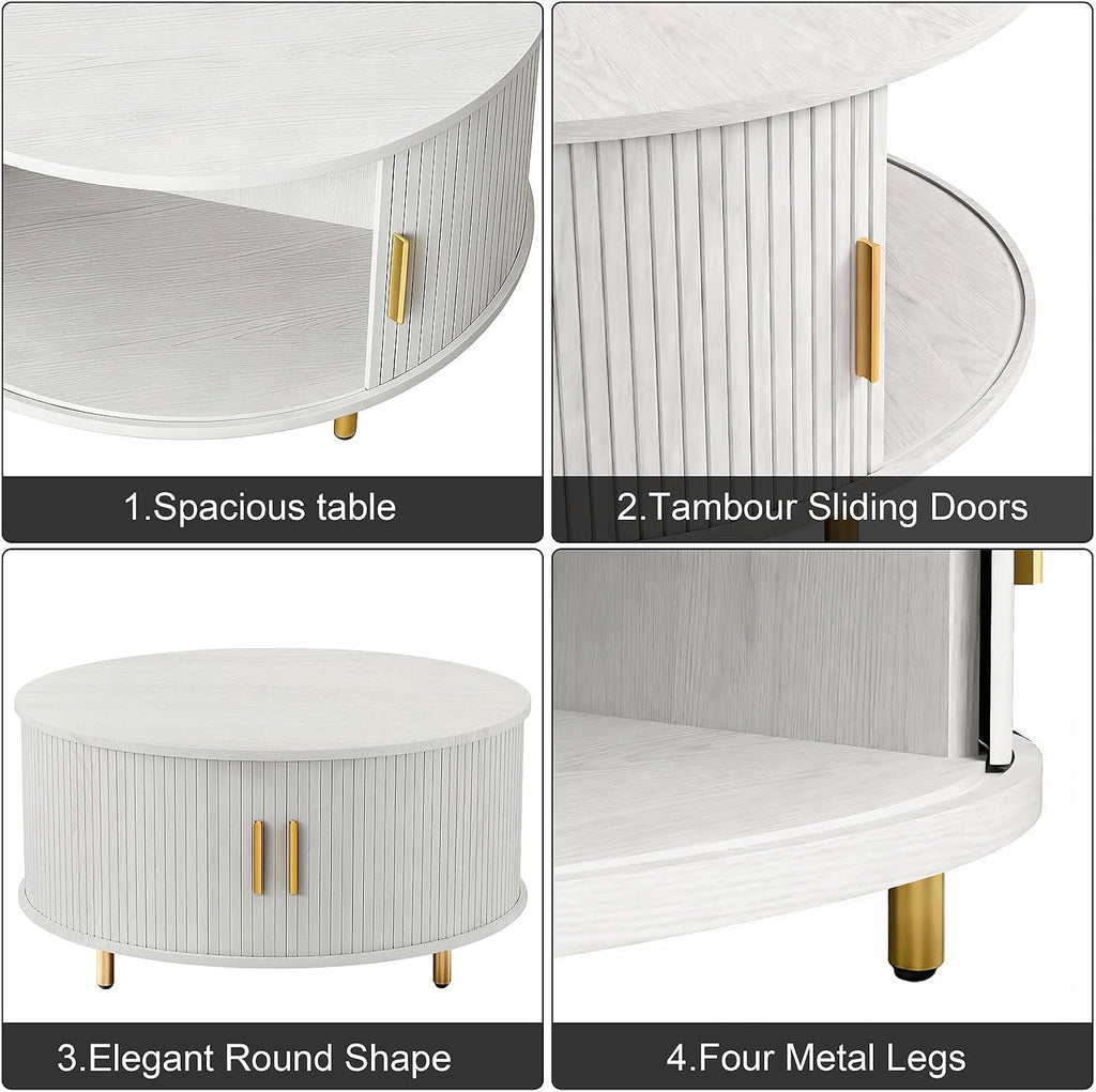 DHH Round Coffee Table, 31.5' Mid Century Modern Coffee Table with 360° Sliding Tambour Door, Fluted Accent Coffee Table with Storage Adjustable Footpads for Living Room(Grayish White)