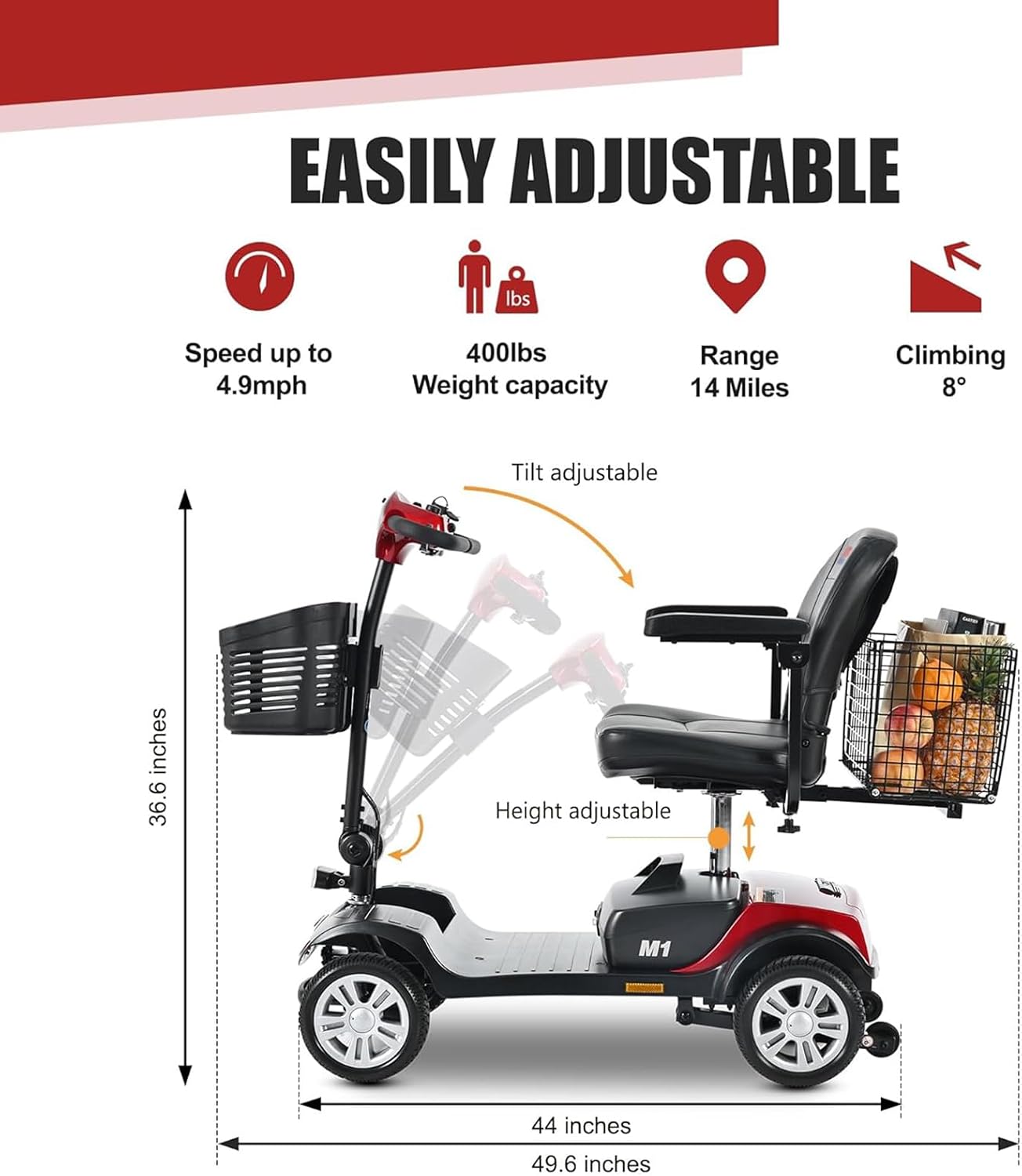 Mobility Scooters for Seniors & Adults 400 Lb Weight Capacity,Lightweight Foldable All Terrain 4 Wheel Powered Scooter,Disability Electric Wheelchair,Add A StorageBox,and Shoulder Bag,5MPH,red