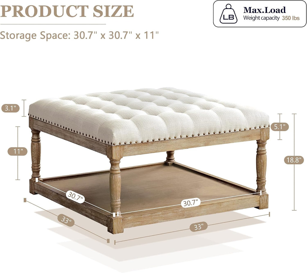 HUIMO 33-inch Large Square Ottoman Coffee Tables for Living Room, Tufted Upholstered Linen Ottoman with Storage Shelf and Solid Legs for Office Bedroom Farmhouse (Beige)