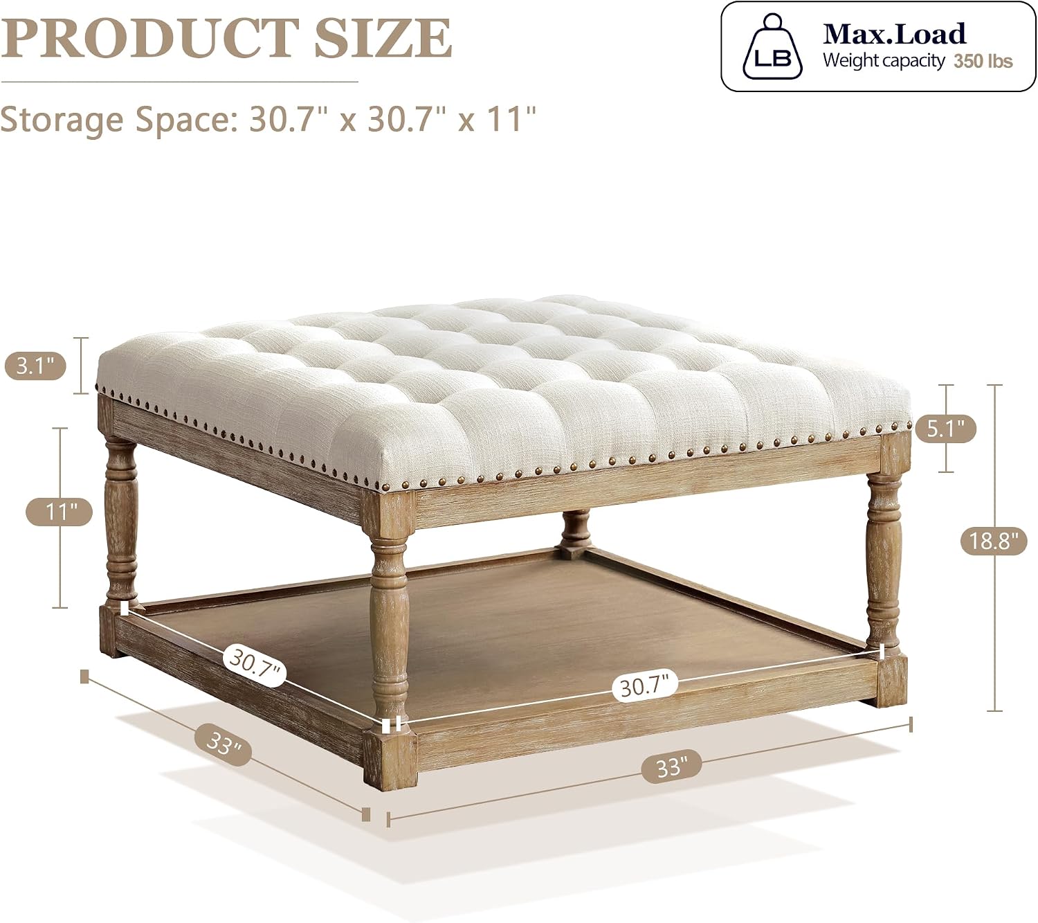 HUIMO 33-inch Large Square Ottoman Coffee Tables for Living Room, Tufted Upholstered Linen Ottoman with Storage Shelf and Solid Legs for Office Bedroom Farmhouse (Beige)