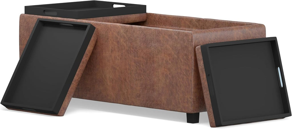 SIMPLIHOME Avalon Storage Ottoman - 42 inch Wide Upholstered Vegan Leather Rectangular Flip-Top Ottoman in Distressed Saddle Brown, Contemporary Coffee Table Ottoman for Living Room with Storage