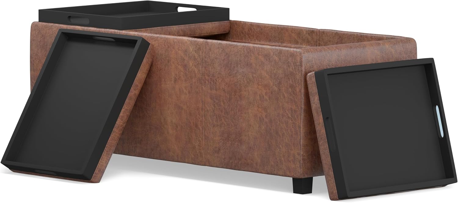SIMPLIHOME Avalon Storage Ottoman - 42 inch Wide Upholstered Vegan Leather Rectangular Flip-Top Ottoman in Distressed Saddle Brown, Contemporary Coffee Table Ottoman for Living Room with Storage
