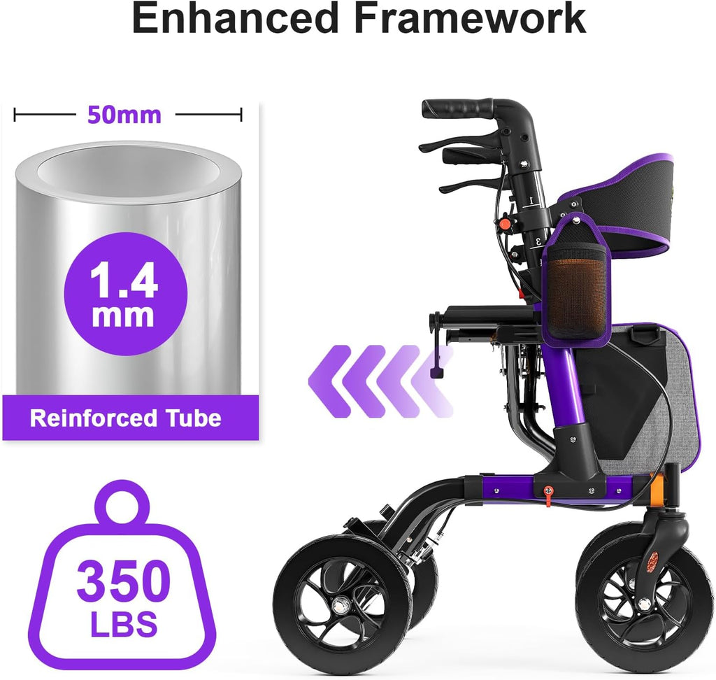 Walkers for Seniors, Rollator Walker with Seat, 350 lb Weight Capacity, 18' Big Seat, 8' All-Terrain Wheels, 6-Level Adjustable Height, Lightweight Aluminum Frame Rollator Walkers for Seniors (Purple)
