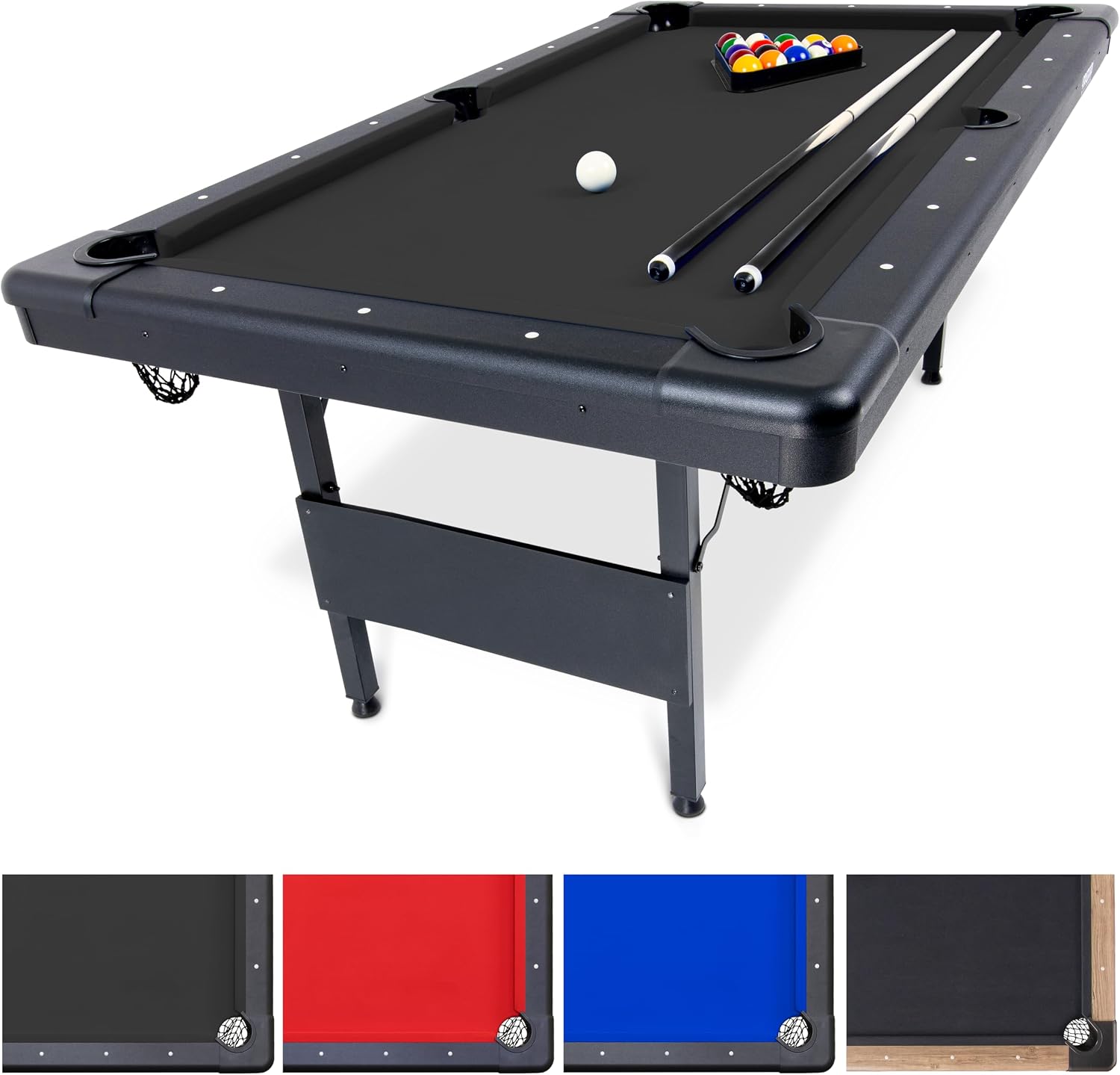 GoSports 6, 7, or 8 ft Billiards Tables - No Assembly, Choose Your Color - Portable Pool Table Includes Full Set of Balls, 2 Cue Sticks, Chalk and Felt Brush