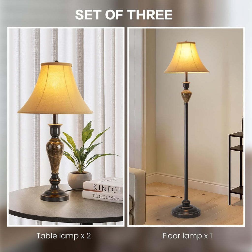 3 Piece Living Room Lamps, Vintage Table Lamp and Floor Lamp Set of 3, Stable Iron Base with Brown Fabric Shade for Bedroom Reading Room Office