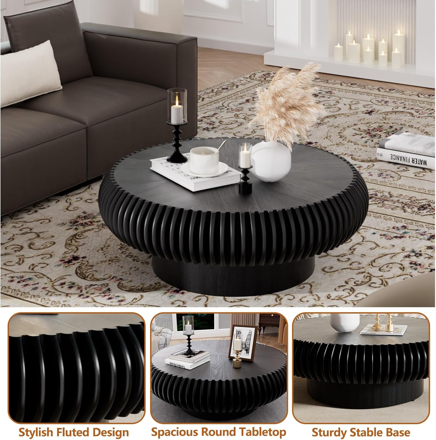 Round Drum Coffee Table with Sturdy Pedestal, Modern Wooden Fluted Coffee Table, Circle Center Table Accent Tea Table for Living Room Apartment Office Reception Room (Black D31.5)