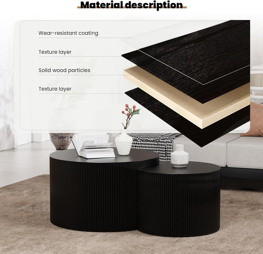 Round Wood Coffee Table Set of 2 Modern Circle Nesting Coffee Table Handcrafted Drum Nesting Table Nesting Coffee Tables for Living Room for Small Space (Black C (D27.56+D19.69 inch))