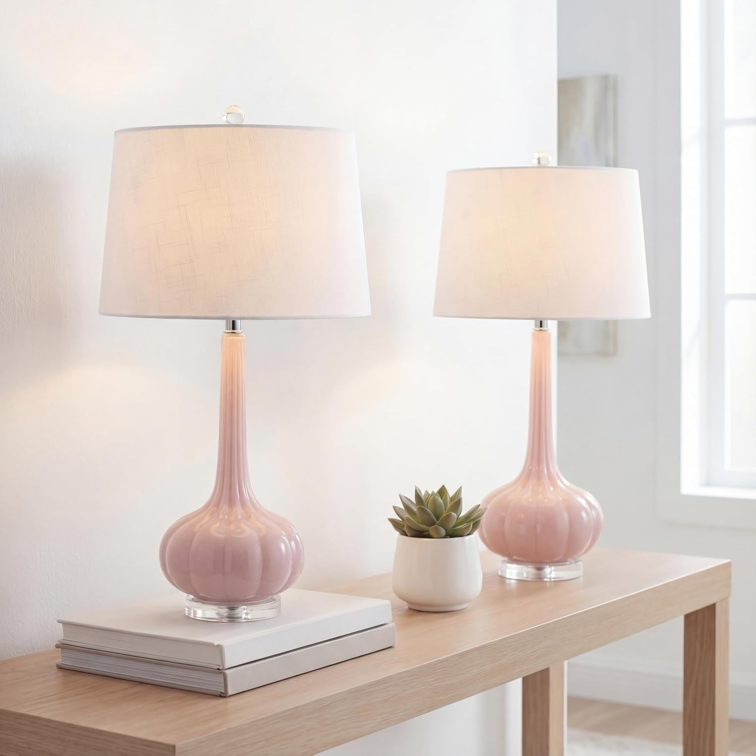 JONATHAN Y 28.5' Pink Glass Teardrop LED Table Lamp Set of 2 for Living Room Bedroom Nightstand, White Linen Shade Modern Transitional Bedside Desk Lamp JYL1079A-SET2