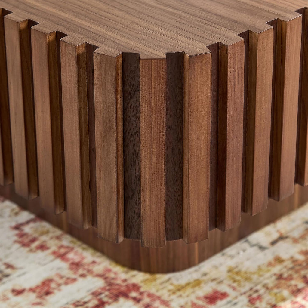 LKTART Square Coffee Table for Living Room, Accent Fluted Coffee Table with Storage, Modern Solid Wood Veneered Large Center Tea Table for Small Space Apartment (35.4''D×16''H-Walnut)