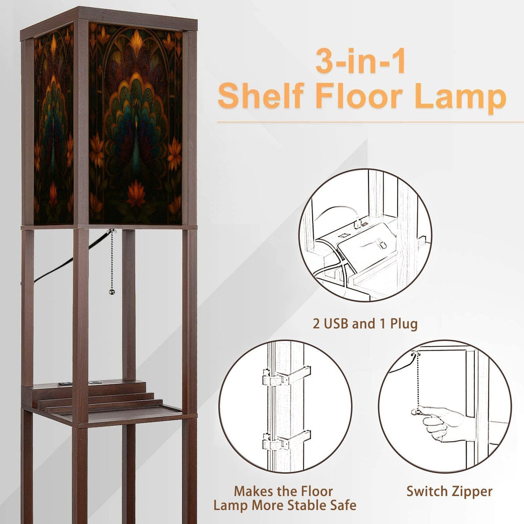 Floor Lamp with Shelves Asymmetrical Peacock Stained Glass Art Geometric Feather Design Standing Tall Lamp USB Ports & Power Outlet Modern Corner Lamp Nightstand Light for Living Room Bedroom