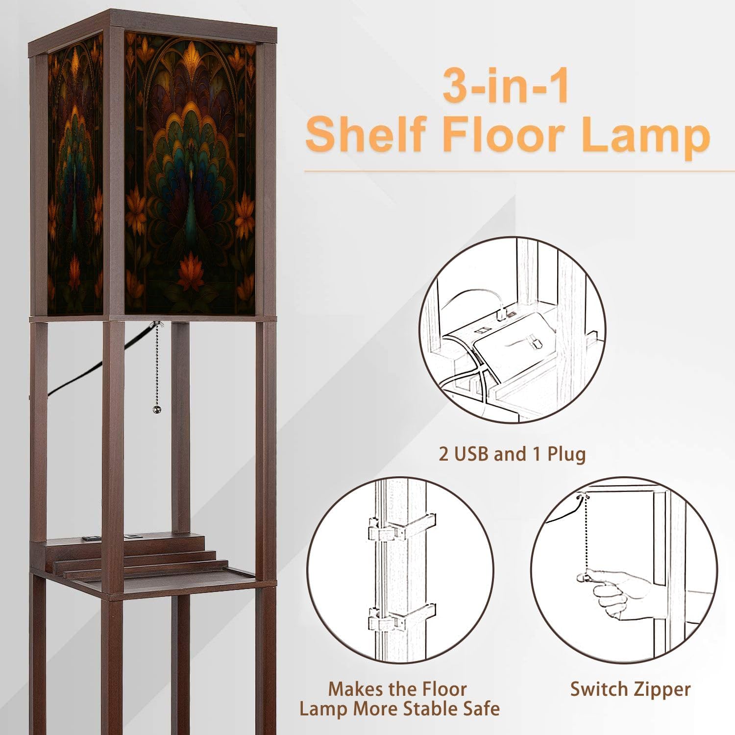 Floor Lamp with Shelves Asymmetrical Peacock Stained Glass Art Geometric Feather Design Standing Tall Lamp USB Ports & Power Outlet Modern Corner Lamp Nightstand Light for Living Room Bedroom