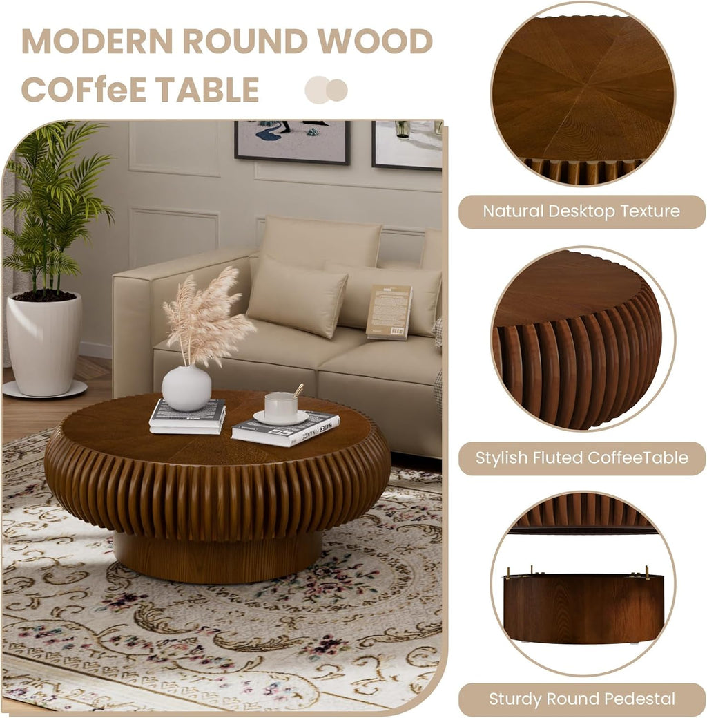 Fluted Drum Coffee Table Round Coffee Table for Living Room Mid Century Modern Coffee Tables with Sturdy Pedestal Circle Center Tea Table Accent Tea Table for Small Space Apartment (31.5' Walnut)