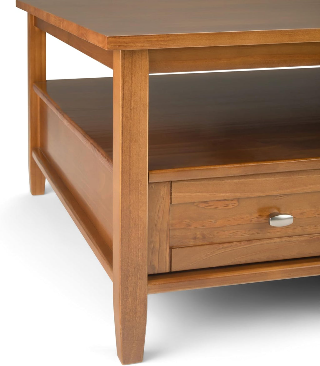 SIMPLIHOME Warm Shaker Square Coffee Table - 36 inch Wide Solid Wood Cocktail Table in Light Golden Brown, Transitional Living Room Table with Large Storage Drawer and Open Shelf for Sitting Area