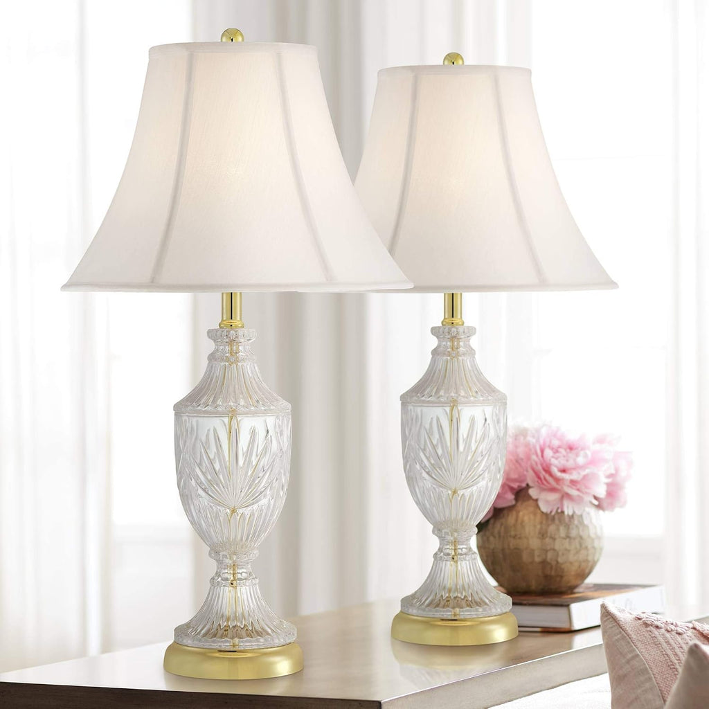 Regency Hill Traditional Glam Luxury Table Lamps 26.5' High Set of 2 Clear Glass Urn Brass Gold Metal White Cream Bell Shade Decor for Living Room Bedroom House Bedside Nightstand Home