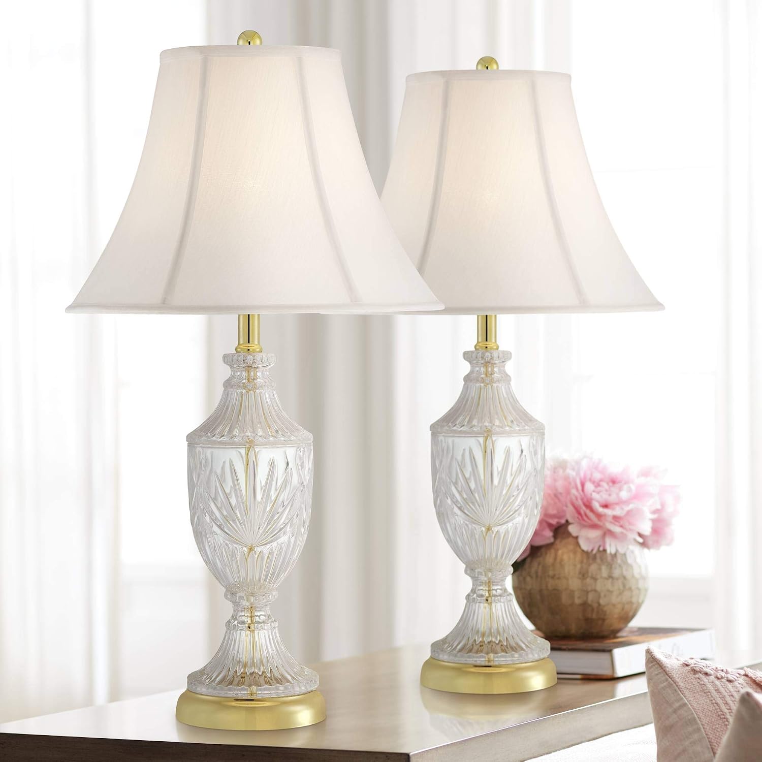 Regency Hill Traditional Glam Luxury Table Lamps 26.5' High Set of 2 Clear Glass Urn Brass Gold Metal White Cream Bell Shade Decor for Living Room Bedroom House Bedside Nightstand Home