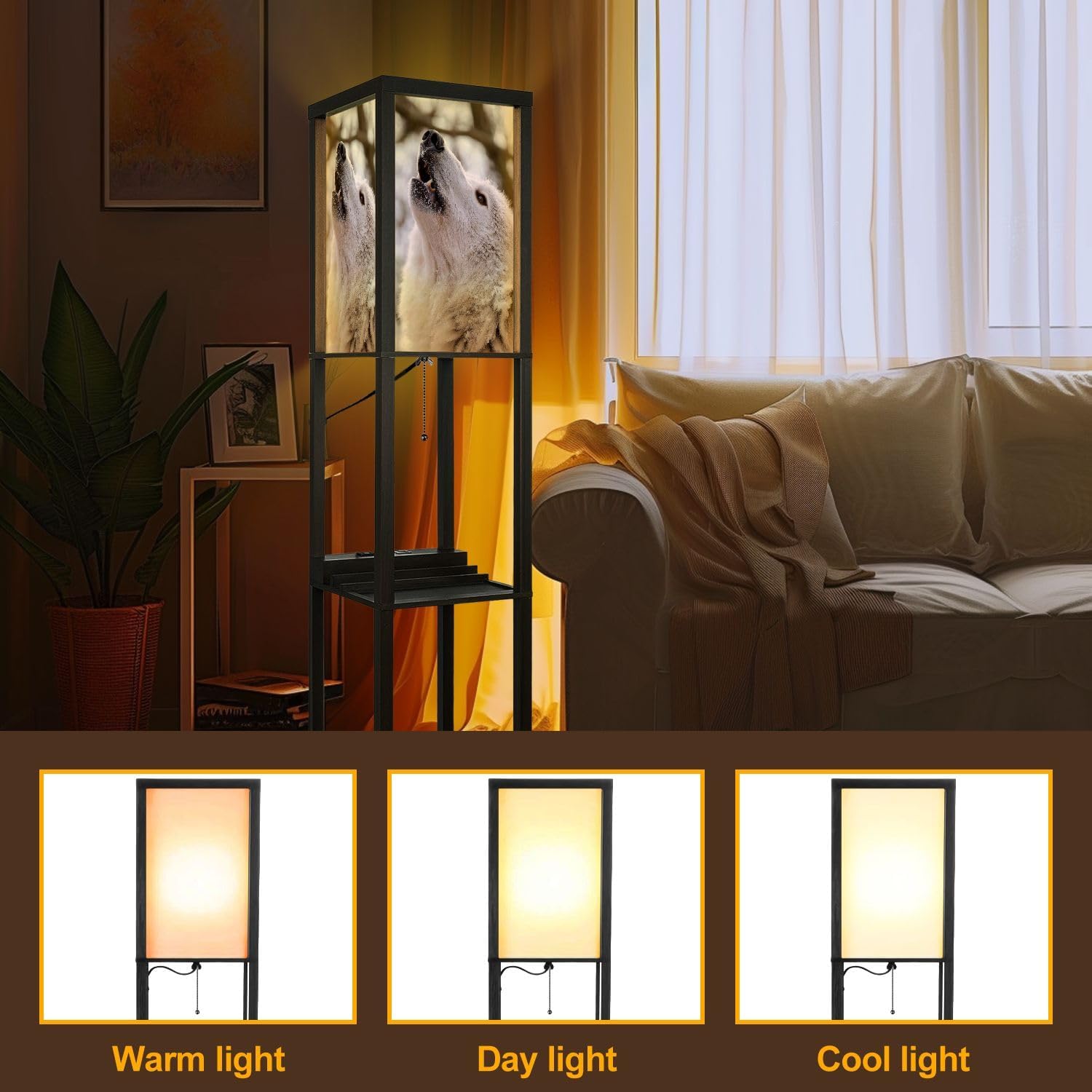 Floor Lamp with Shelves Howling Lupus hudsonicus Standing Tall Lamp USB Ports & Power Outlet Modern Corner Lamp Nightstand Light for Living Room Bedroom